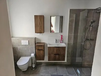 a bathroom with a toilet and a sink and a shower at Grmač Apartments in Naklo