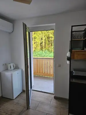 a kitchen with a door open to a yard at Grmač Apartments in Naklo