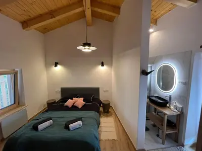 a bedroom with a green bed with a mirror at Hiša Blašč Wellness in Kobarid