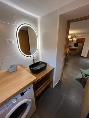 a bathroom with a sink and a washing machine at Hiša Blašč Wellness in Kobarid