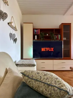 a living room with a tv with a netflix at green breeze - private jacuzzi retreat in Žalec