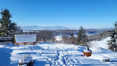 a snow covered yard with trees and mountains in the background at Glamping Na Vrhu in Višnja Gora