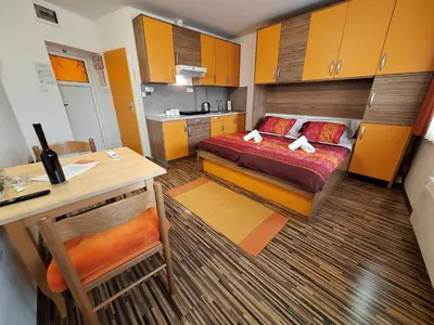 a small room with a bed and a kitchen at Apartmaji Paradiso in Komen