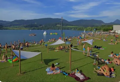 a crowd of people sitting on the grass near a lake at ZenHouseApartment in Ljubno