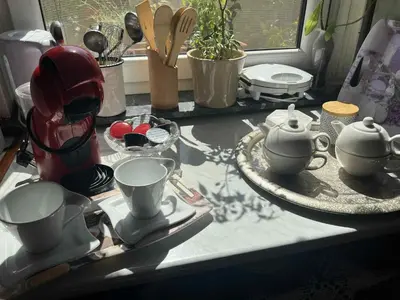 a kitchen counter with dishes and tea pots on a table at Green Garden Home in Cerknica
