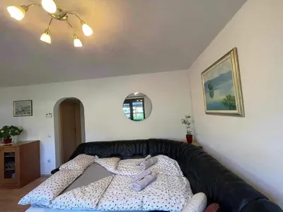 a black leather couch with pillows on it in a room at Green Garden Home in Cerknica