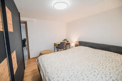 a bedroom with a bed and a table with chairs at Apartment Trta with Vineyard View in Bistrica ob Sotli