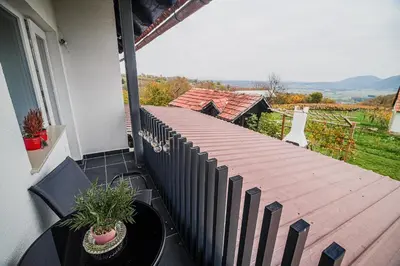a balcony with a wooden deck with plants on it at Apartment Trta with Vineyard View in Bistrica ob Sotli