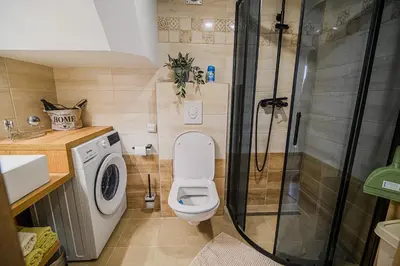 a bathroom with a toilet and a shower at Apartment Trta with Vineyard View in Bistrica ob Sotli