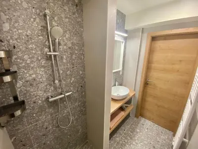 a bathroom with a shower and a sink at Apartma Lastovka in Bled