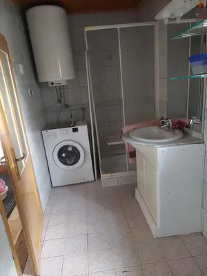 a small bathroom with a washing machine and a sink at Apartment ML FREE PARKING in Loče pri Poljčanah