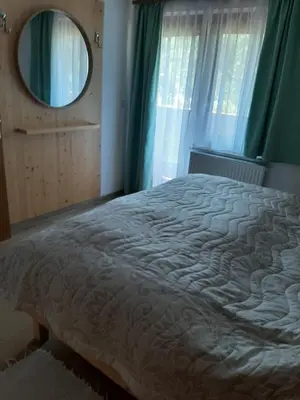 a bedroom with a large bed with a mirror at Encijan in Bohinj