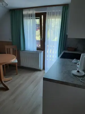 a kitchen with a counter and a table and a table at Encijan in Bohinj