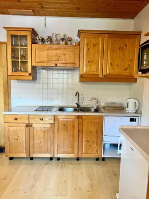 a kitchen with wooden cabinets and a sink at Apartma v objemu gora - Krvavec in Cerklje na Gorenjskem