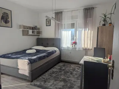 a bedroom with a large bed and a window at Studio apartman DINO z balkonom in Rogatec
