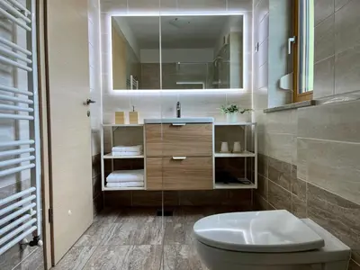 a bathroom with a toilet and a sink and a mirror at Cozy & Chic - Apartment with a private patio in Kobarid