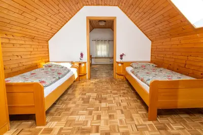 two beds in a room with wooden walls at Apartmaji Lipa in Bohinj