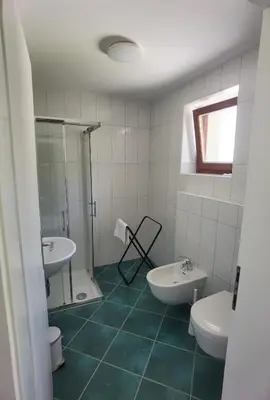 a bathroom with two sinks and a toilet and a shower at Apartma Žerjav in Kranjska Gora