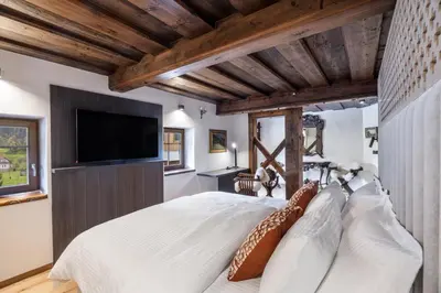 a bedroom with a large bed with a flat screen tv at Hotel Julian Alps in Zgornje Gorje