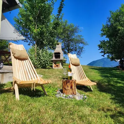 two chairs and a table with a bottle of wine on a tree stump at Rural Retreat- Kmečki oddih in Poljčane