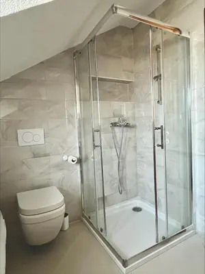 a bathroom with a shower and a toilet at Apartment Emona in Ljubljana