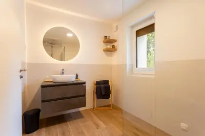 a bathroom with a sink and a mirror at Apartmaji Klavdija in Ljubljana
