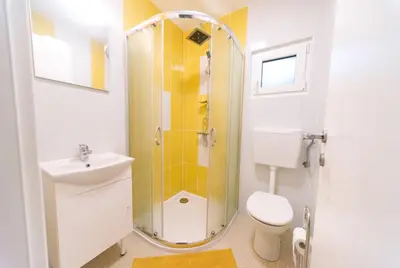 a bathroom with a shower with a toilet and a sink at Apartma RO-ZE in Bistrica ob Sotli