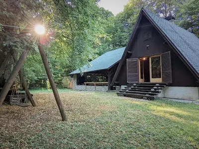 a small black building with a porch and stairs to it at Cottage Koča Oaza Preske in Jurklošter