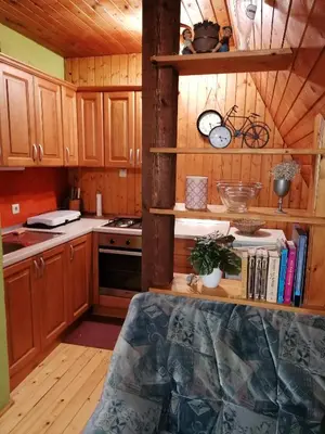 a kitchen with wooden cabinets and a counter top at Cottage Koča Oaza Preske in Jurklošter