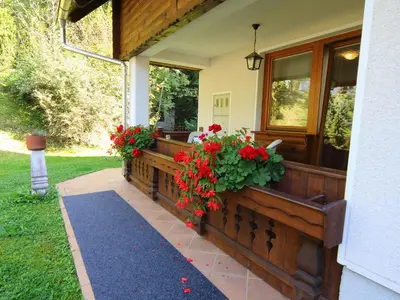 a porch with red geraniums on a house at Vila Edelweiss Rooms&App Kranjska Gora in Kranjska Gora