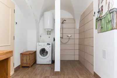 a bathroom with a washing machine in a room at Apartments Petacova Hiša in Kranjska Gora