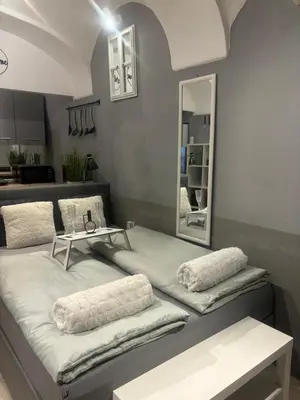a room with two beds and a mirror at Studio Old Town in Maribor