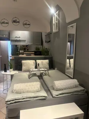 a room with two beds in front of a kitchen at Studio Old Town in Maribor