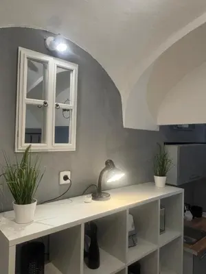 a white counter with two potted plants and a window at Studio Old Town in Maribor