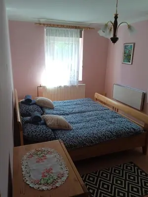a bedroom with a bed and a table and a window at Apartmaji Stara Šola in Bohinjska Bistrica