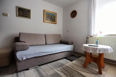a living room with a couch and a table at Apartmaji Stara Šola in Bohinjska Bistrica