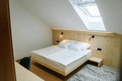 a small bedroom with a bed with a skylight at Sobe rooms JELEN JELENOV GREBEN in Podčetrtek