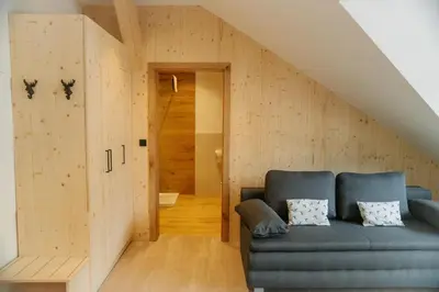 a living room with a blue couch and wooden walls at Sobe rooms JELEN JELENOV GREBEN in Podčetrtek