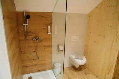 a bathroom with a toilet and a glass shower at Sobe rooms JELEN JELENOV GREBEN in Podčetrtek