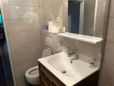 a bathroom with a sink and a toilet at Apartment Pr`Jurčk Bled in Bled