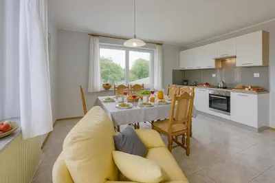 a kitchen and living room with a yellow couch and a table at Cesar's Karst Estate in Sežana