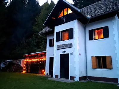 a white house with lights in the windows at Ski Cottage in Semič