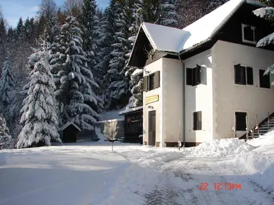 a building covered in snow with trees in the background at Ski Cottage in Semič