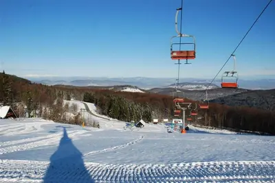 a shadow of a person riding a ski lift in the snow at Ski Cottage in Semič