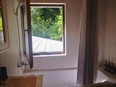a bathroom with a bath tub and a window at Ski Cottage in Semič