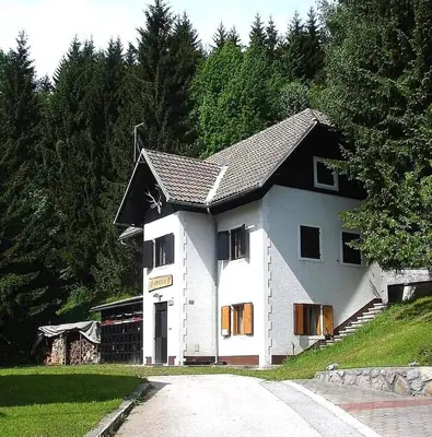 a white house with a black roof on a road at Ski Cottage in Semič
