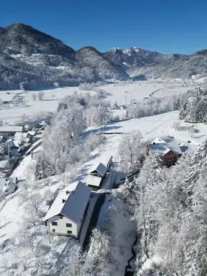 an aerial view of a village covered in snow at Apartma Petra in Selca