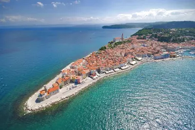an aerial view of an island in the water at Apartma Petra in Selca