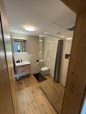 a bathroom with a toilet and a sink and a mirror at Apartma Petra in Selca