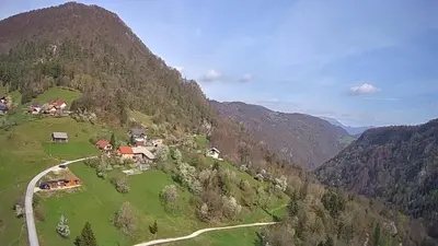 an aerial view of a village on a mountain at Tepe Retreat in Konjšica